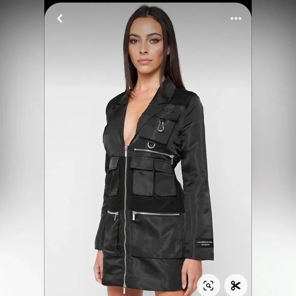 knee length dresses for ladies Black Mesh Sleeve Double Breasted Blazer Dress
